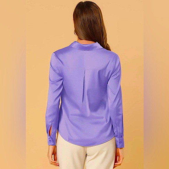 Allegra K Women's Satin Blouse Elegant V Neck Long Sleeve - Lavender - Picture 5 of 5